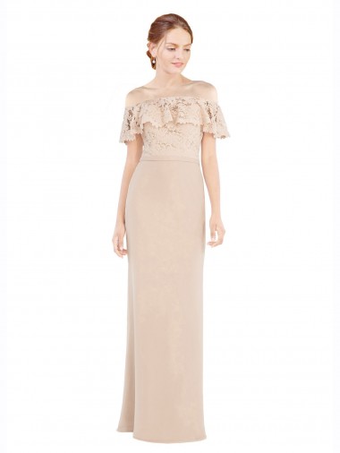 Champanhe Linha A Fora do Ombro Chiffon & Renda Longo Vestidos de Madrinha / Vestidos de Festa Outlet