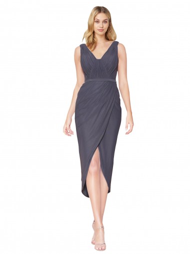 Cinza Ardósia Sereia Decote V Alto Baixo Chiffon Curto Alto Baixo Formais Vestidos de Madrinha / Vestidos de Festa Outlet