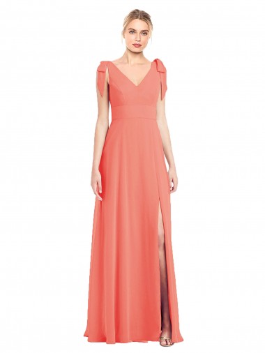 Coral Trombeta Decote V Chiffon Longo Vestidos de Madrinha Outlet