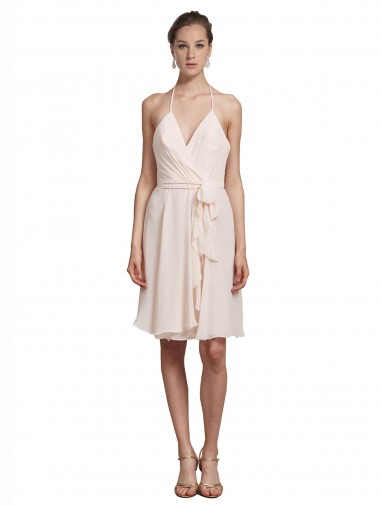 Creme Rosa Linha A Cabeçada Chiffon Curto Vestidos de Madrinha / Vestidos de Homecoming Outlet
