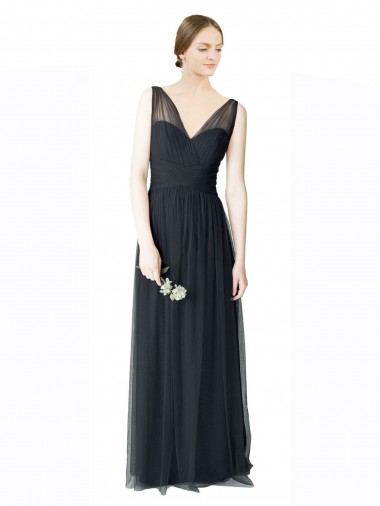 Estanho Linha A Decote V Tule Longo Vestidos de Madrinha Outlet