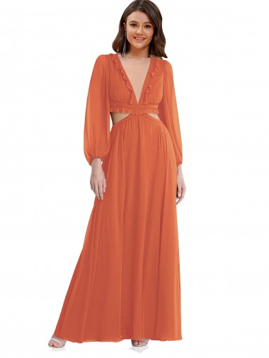 Firecracker Linha A Decote V Alto Baixo Chiffon Alto Baixo, Longo Alto Baixo Vestidos de Madrinha Outlet
