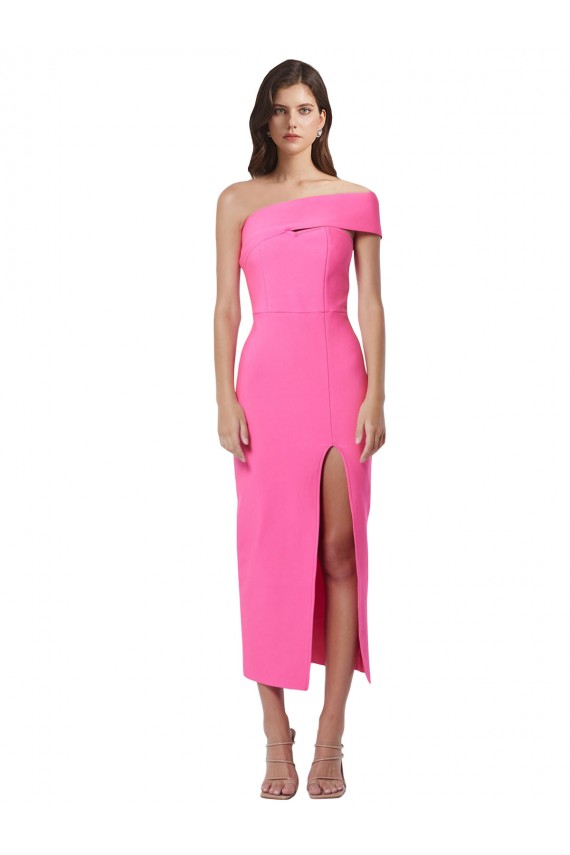 Fúcsia Bainha Um Ombro Comprimento Midi Crepe Esticado Longo Formais Vestidos de Madrinha / Vestidos de Festa Outlet