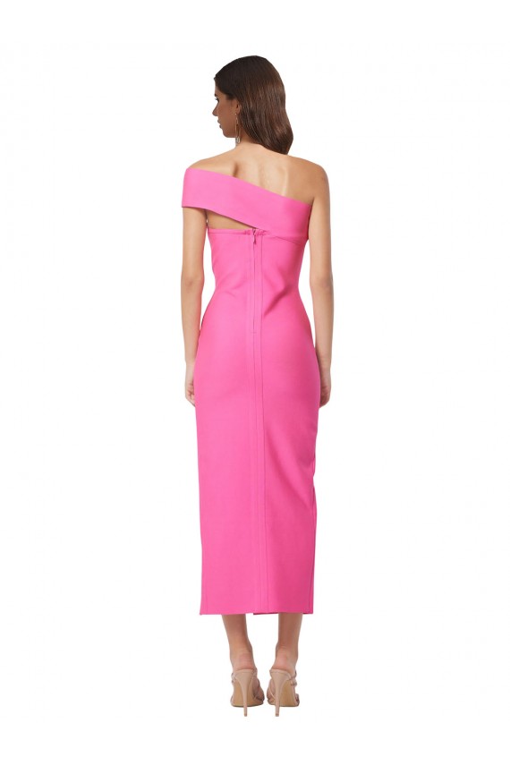 Fúcsia Bainha Um Ombro Comprimento Midi Crepe Esticado Longo Formais Vestidos de Madrinha / Vestidos de Festa Outlet