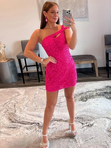 Fúcsia Bainha Um Ombro Curto Lantejoulas Veludo Curto Lantejoulas Veludo Vestidos de Festa Outlet