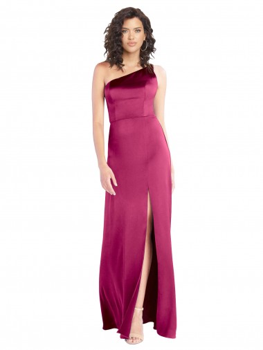 Fúcsia Cetim Elástico Linha A Abrir de volta Um Ombro Longo Formais Vestidos de Madrinha / Vestidos de Noite / Vestidos de Festa Outlet
