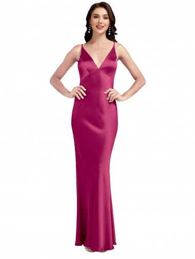 Fúcsia Linha A Alças finas Cetim Elástico Longo Formais Vestidos de Madrinha / Vestidos de Festa Outlet