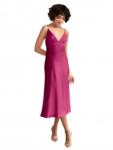 Fúcsia Linha A Decote V Comprimento Midi Cetim Elástico Curto Formais Vestidos de Madrinha / Vestidos de Festa Outlet