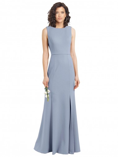 Fumo Azul Bainha Decote Barco Crepe Esticado Longo Vestidos de Madrinha Outlet