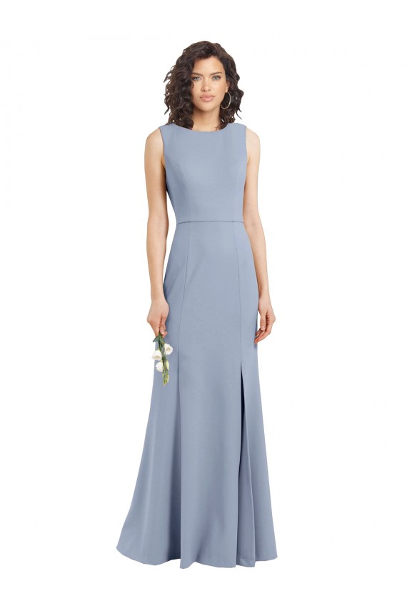 Fumo Azul Bainha Decote Barco Crepe Esticado Longo Vestidos de Madrinha Outlet