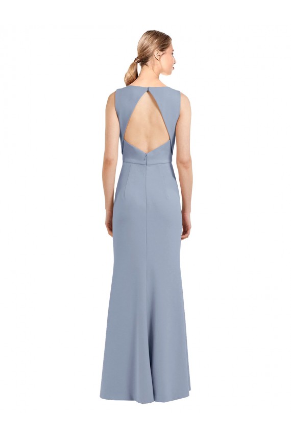 Fumo Azul Bainha Decote Barco Crepe Esticado Longo Vestidos de Madrinha Outlet