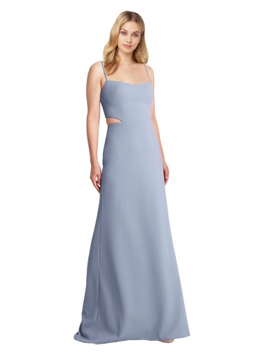 Fumo Azul Linha A Alças finas Crepe Esticado Longo Vestidos de Madrinha / Vestidos de Festa Outlet