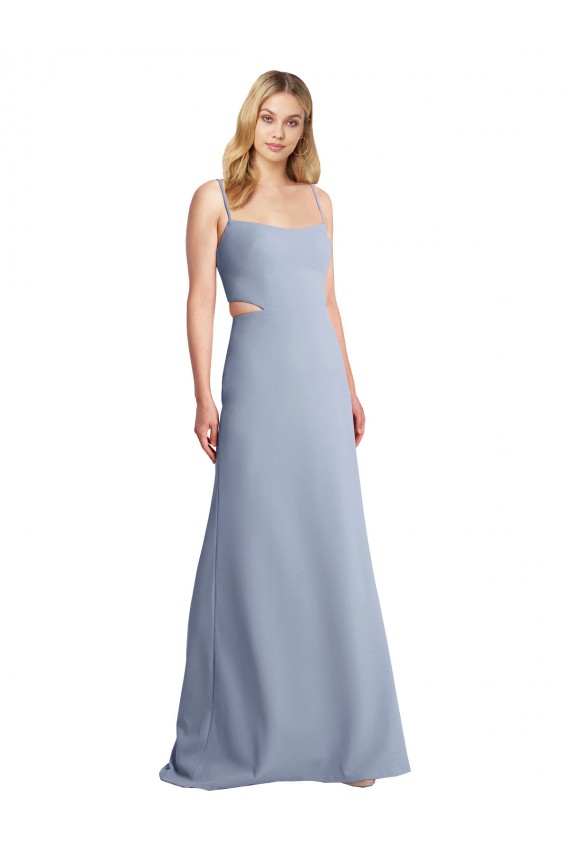 Fumo Azul Linha A Alças finas Crepe Esticado Longo Vestidos de Madrinha / Vestidos de Festa Outlet