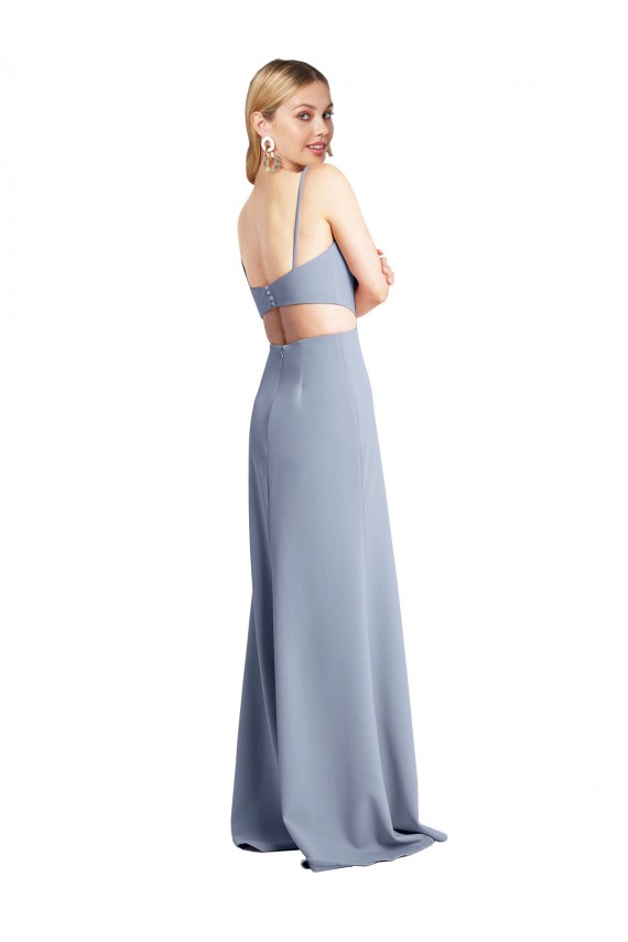 Fumo Azul Linha A Alças finas Crepe Esticado Longo Vestidos de Madrinha / Vestidos de Festa Outlet