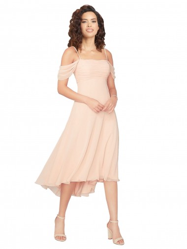 Gelo Rosa Linha A Decote Quadrado Alto Baixo Chiffon Curto Alto Baixo Vestidos de Madrinha Outlet