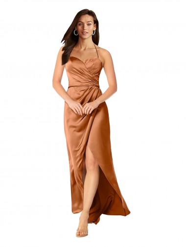 Laranja Linha A Alças finas Alto Baixo Cetim Sedoso Longo Alto Baixo Formais Vestidos de Madrinha / Vestidos de Festa Outlet