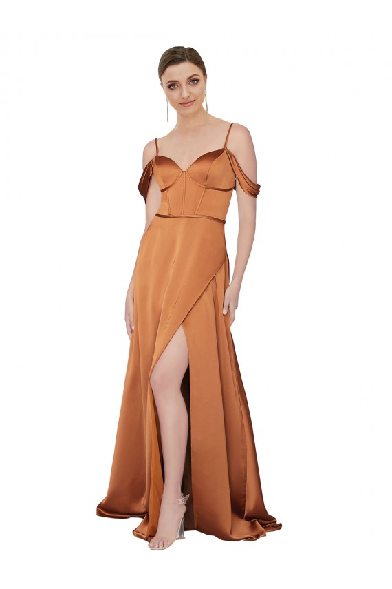 Laranja Linha A Alças finas Cetim Sedoso Longo Formais Vestidos de Madrinha / Vestidos de Festa Outlet