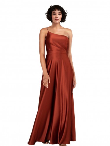 Laranja Queimada Linha A Um Ombro Cetim Sedoso Longo Formais Vestidos de Madrinha / Vestidos de Festa Outlet