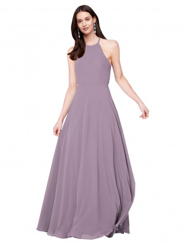 Lavanda Escura Chiffon Linha A Buraco da fechadura Cabeçada Longo Vestidos de Madrinha Outlet