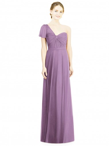 Lavanda Escura Linha A Um Ombro Chiffon Longo Vestidos de Madrinha Outlet