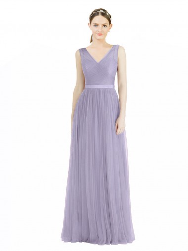Lilás Linha A Decote V Tule Longo Vestidos de Madrinha Outlet