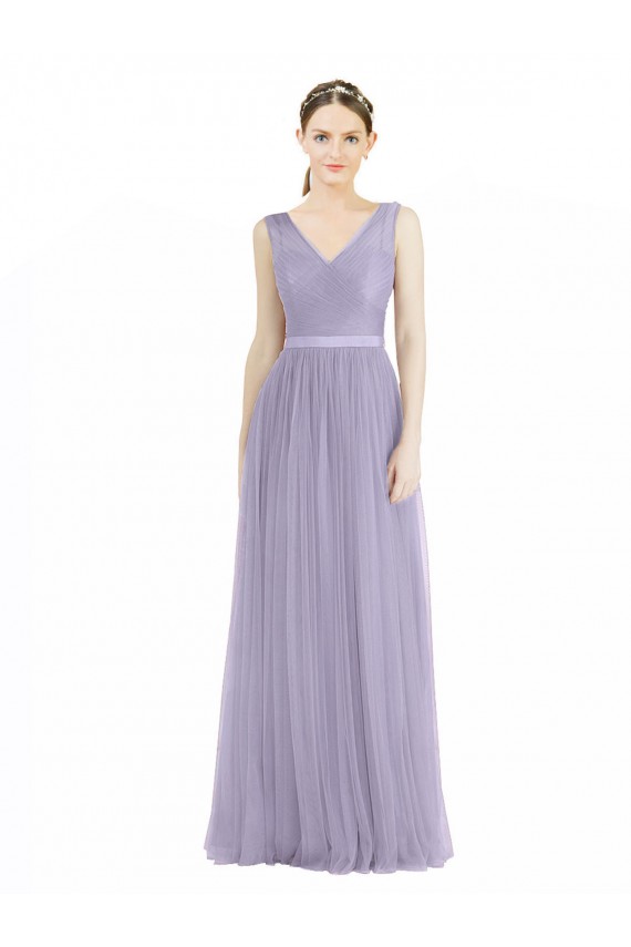 Lilás Linha A Decote V Tule Longo Vestidos de Madrinha Outlet