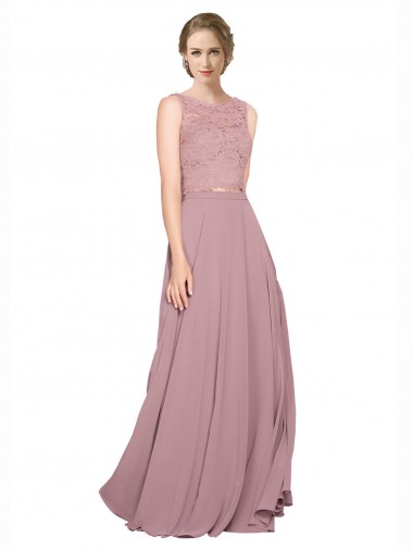 Linha A Decote Ilusão Chiffon & Renda Longo Vestidos de Madrinha / Vestidos de Festa Outlet