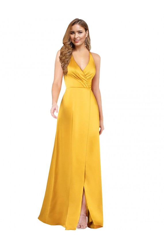 Linha A Decote V Alto Baixo Cetim Sedoso Longo Alto Baixo Formais Vestidos de Madrinha / Vestidos de Festa Outlet