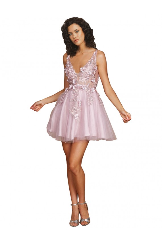 Linha A Decote V Curto Tule Curto Vestidos de Madrinha / Vestidos de Homecoming Outlet