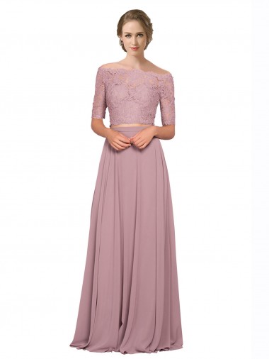 Linha A Fora do Ombro Chiffon & Renda Longo Vestidos de Madrinha / Vestidos de Festa Outlet