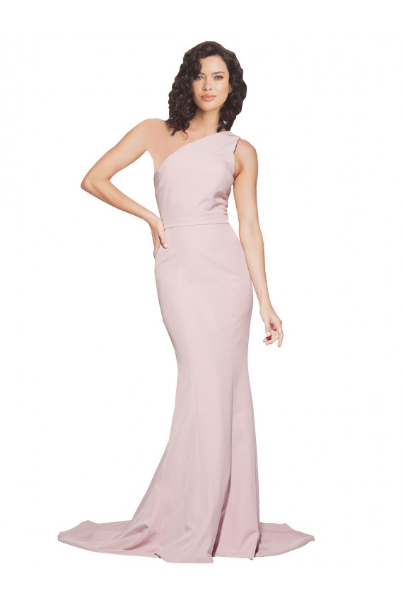 Malva Bainha Um Ombro Comboio Varredela Crepe Esticado Longo Vestidos de Madrinha / Vestidos de Festa Outlet