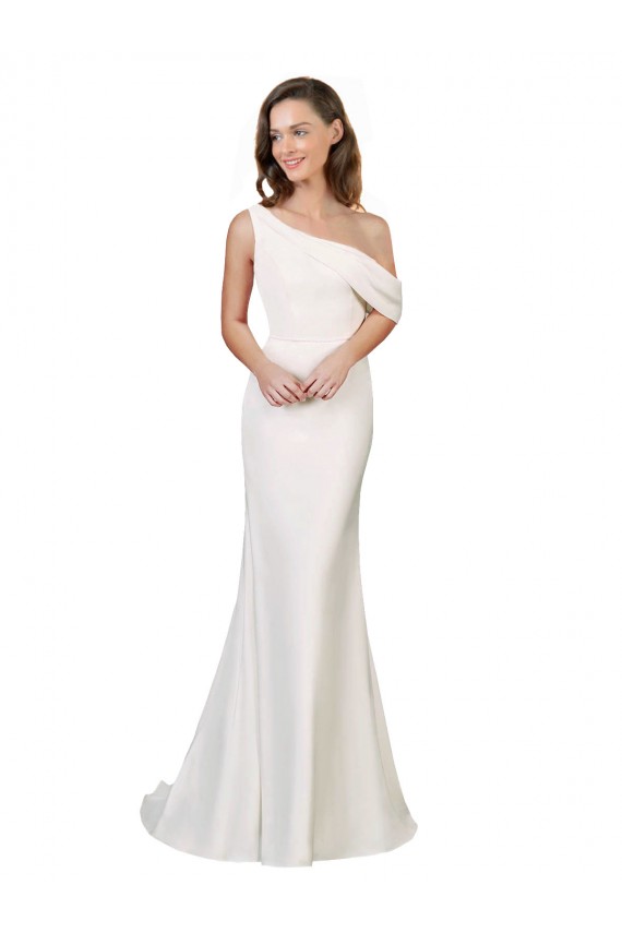 Marfim Bainha Um Ombro Comboio Varredela Crepe Esticado Longo Formais Vestidos de Madrinha / Vestidos de Festa Outlet
