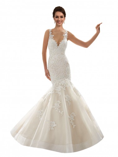 Marfim & Champanhe Tule & Renda Sereia Decote V Longo Vestidos de Noiva Outlet