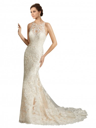 Marfim & Champanhe Tule & Renda Sereia Sem Mangas Decote Ilusão Longo Vestidos de Noiva Outlet