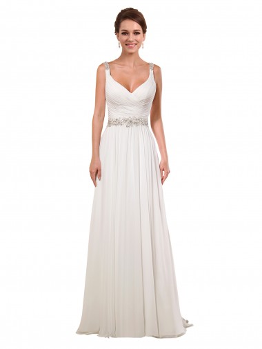 Marfim Chiffon Bainha Sem Mangas Decote V Longo Vestidos de Noiva Outlet