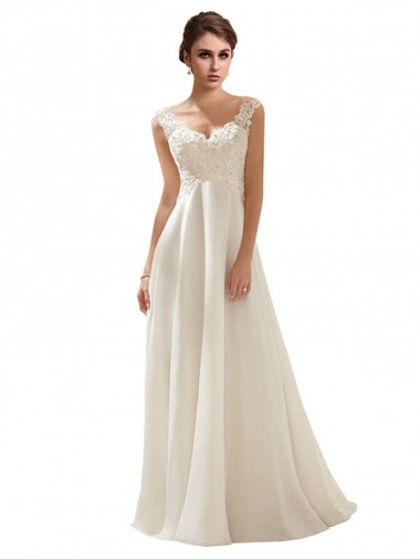 Marfim Chiffon & Renda Linha A Lombar Decote V Longo Vestidos de Noiva Outlet