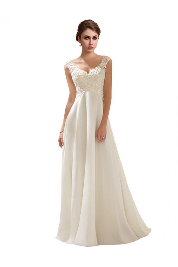 Marfim Chiffon & Renda Linha A Lombar Decote V Longo Vestidos de Noiva Outlet
