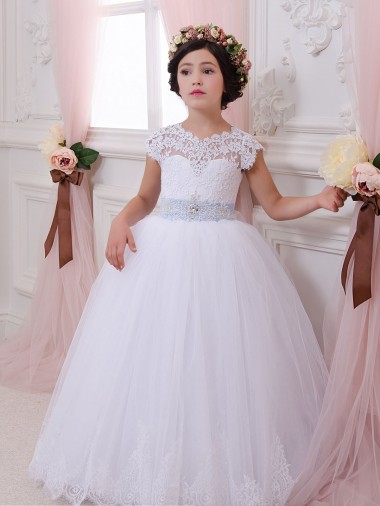 Marfim Tule & Renda Mangas Curtas Amor Vestido de Baile Longo Vestidos para meninas de flores Outlet