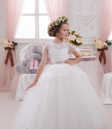 Marfim Tule & Renda Sem Mangas Amor Vestido de Baile Longo Vestidos para meninas de flores Outlet