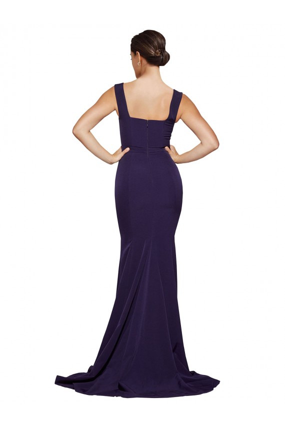 Marinha Negra Bainha Decote Quadrado Comboio Varredela Crepe Esticado Longo Vestidos de Madrinha / Vestidos de Festa Outlet
