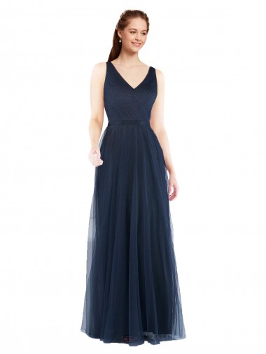 Marinha Negra Bainha Decote V Tule Longo Vestidos de Madrinha Outlet