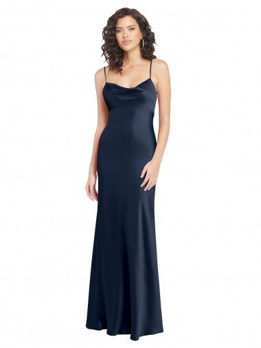Marinha Negra Cetim Elástico Linha A Abrir de volta Decote Capuz Longo Formais Vestidos de Madrinha / Vestidos de Noite / Vestidos de Festa Outlet