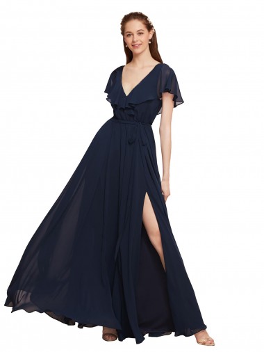 Marinha Negra Chiffon Linha A Mangas Curtas Decote V Longo Vestidos de Madrinha Outlet