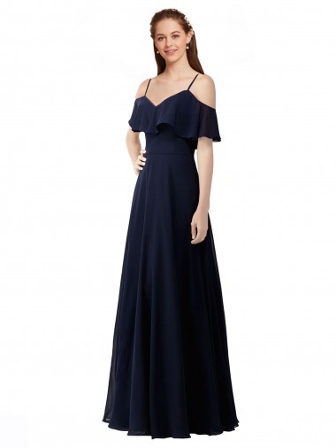 Marinha Negra Chiffon Linha A Sem Mangas Fora do Ombro Longo Vestidos de Madrinha Outlet