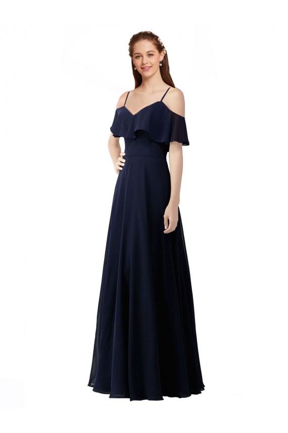 Marinha Negra Chiffon Linha A Sem Mangas Fora do Ombro Longo Vestidos de Madrinha Outlet