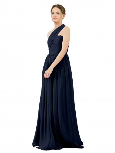 Marinha Negra Chiffon Linha A Sem Mangas Um Ombro Longo Vestidos de Madrinha Outlet