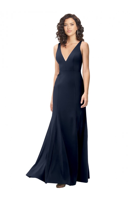 Marinha Negra Crepe Esticado Linha A Costas em V Decote Alto Longo Formais Vestidos de Madrinha / Vestidos de Noite / Vestidos de Festa Outlet