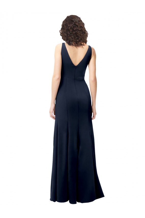 Marinha Negra Crepe Esticado Linha A Costas em V Decote Alto Longo Formais Vestidos de Madrinha / Vestidos de Noite / Vestidos de Festa Outlet