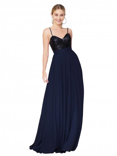 Marinha Negra Linha A Alças finas Chiffon & Lantejoulas Longo Vestidos de Madrinha / Vestidos de Festa Outlet
