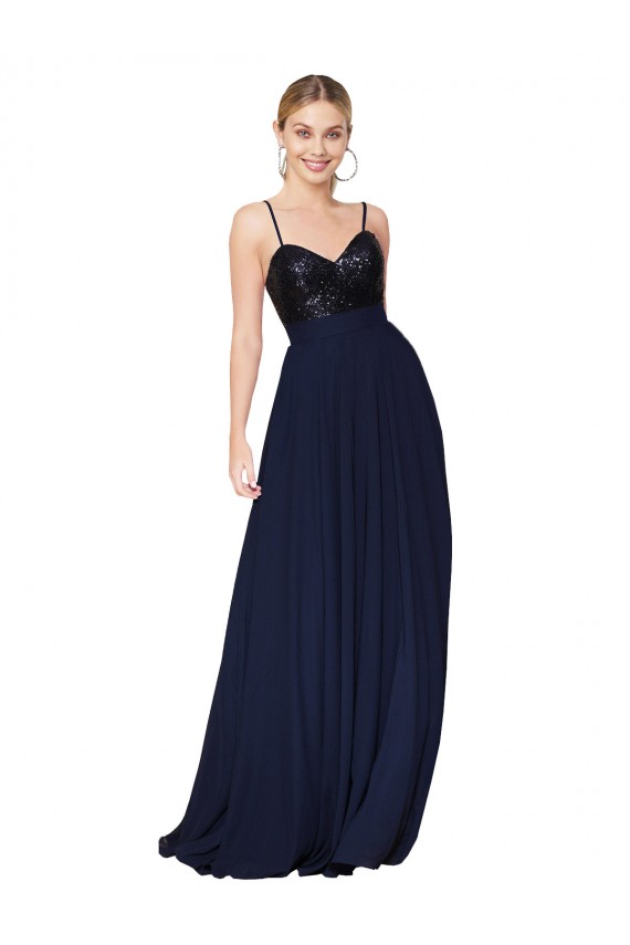 Marinha Negra Linha A Alças finas Chiffon & Lantejoulas Longo Vestidos de Madrinha / Vestidos de Festa Outlet